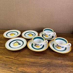 Stangl Pottery Fruit Lemon Brown Trim 9-Pc Teacup Saucer & bread plates